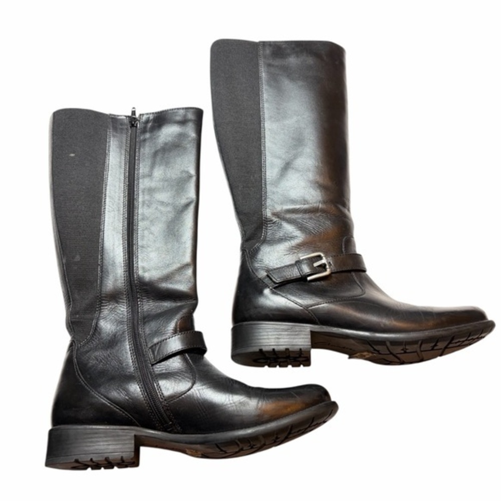 Clarks Women's Black Leather Tall Boots Size 9M Side Zip Buckle Detail
